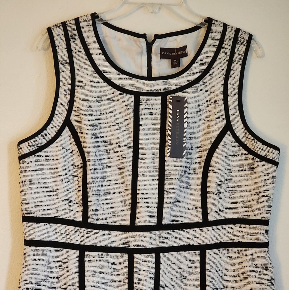 Dana Buchman Sheath Dress White Black Contrast Trim Zip Hook & Eye (NWT) Sz 16 - Picture 3 of 13